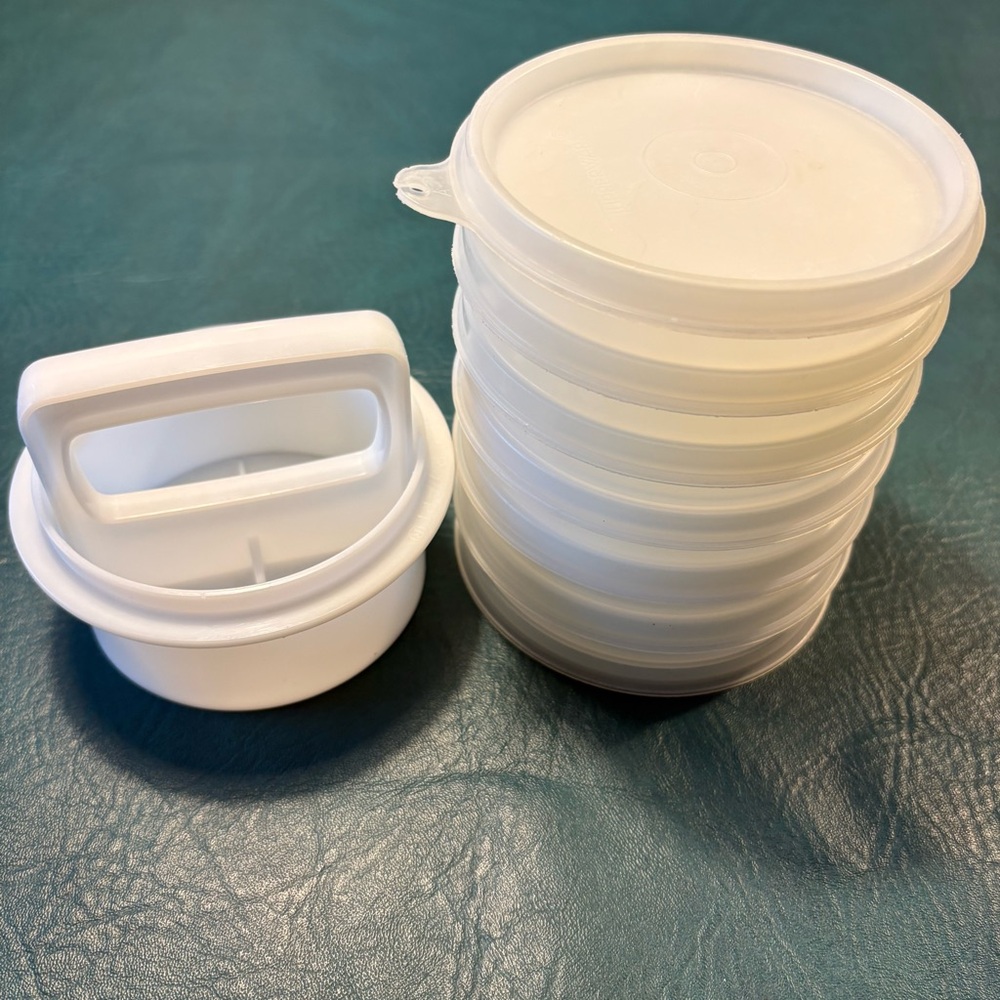 Tupperware burger press & 6 Stackable Storage Containers with lid